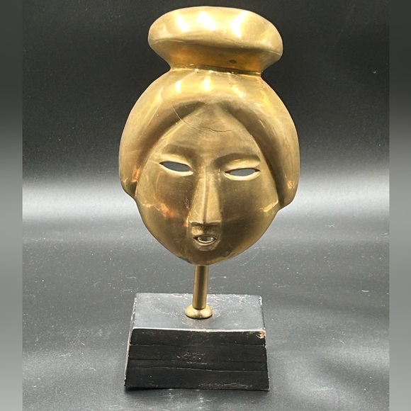 Vintage geisha brass sculpture on wood base Asian decor